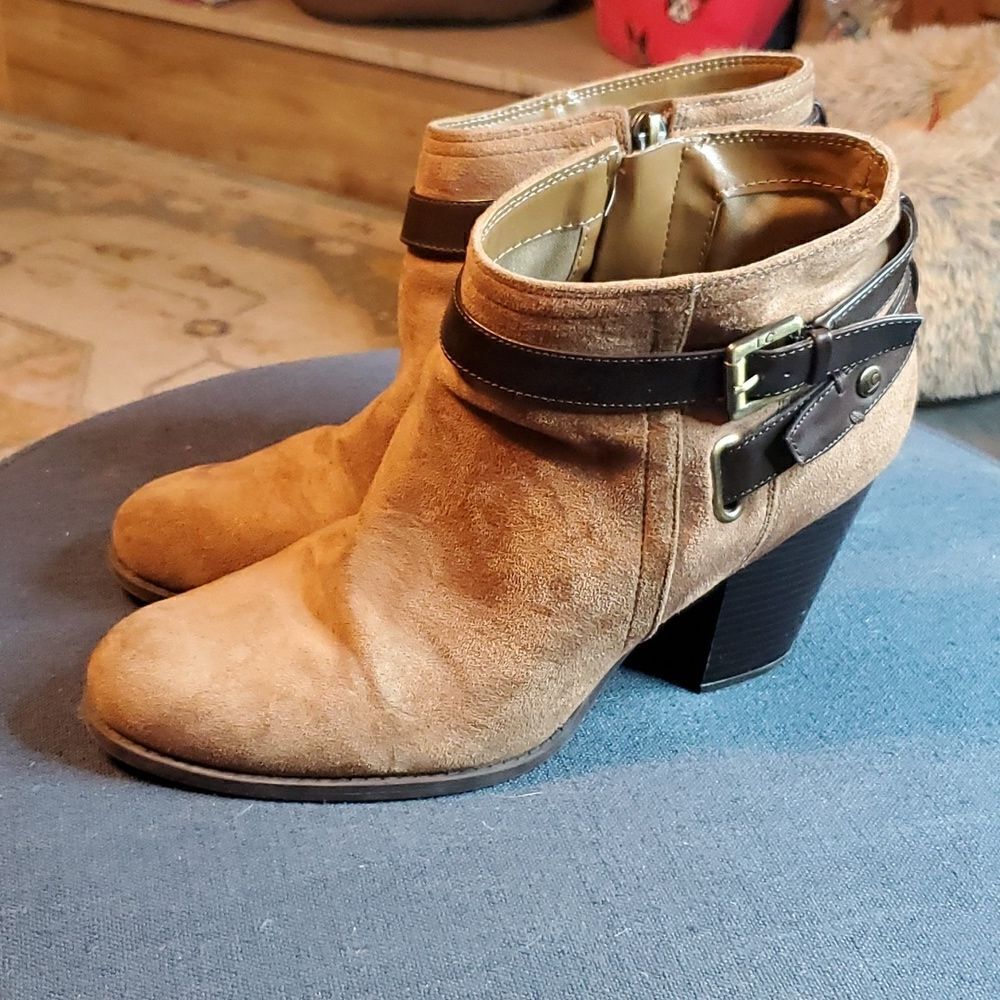 Liz Claiborne Brown Suede Ankle Boots with Leather‎ Strap - Block Heel - Size 10
